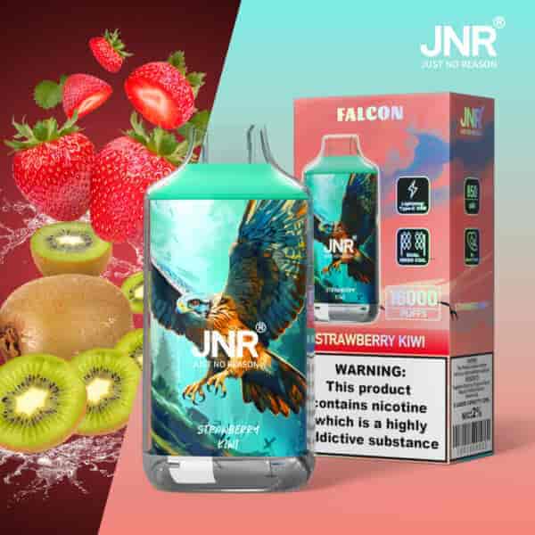 Vape usa e getta JNR Falcon Strawberry Kiwi con 16000 boccate, caratterizzato da un design colorato di un'aquila, un'etichetta di avvertenza sulla nicotina e immagini di fragole e kiwi.