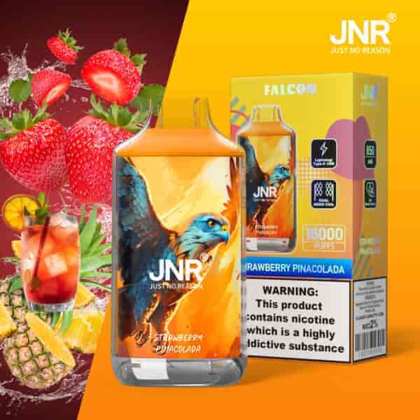 Vape JNR Strawberry Pina Colada con 16000 boccate, caratterizzato da un disegno di un'aquila, immagini di frutta ed etichetta di avvertenza sulla nicotina.