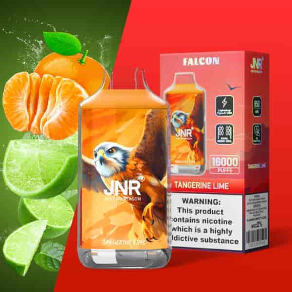 Un prodotto da vaporizzare a tema arancia e lime con l'illustrazione di un falco, etichettato "JNR Tangerine Lime", con 16.000 boccate, contenuto di nicotina ed etichette di avvertenza.