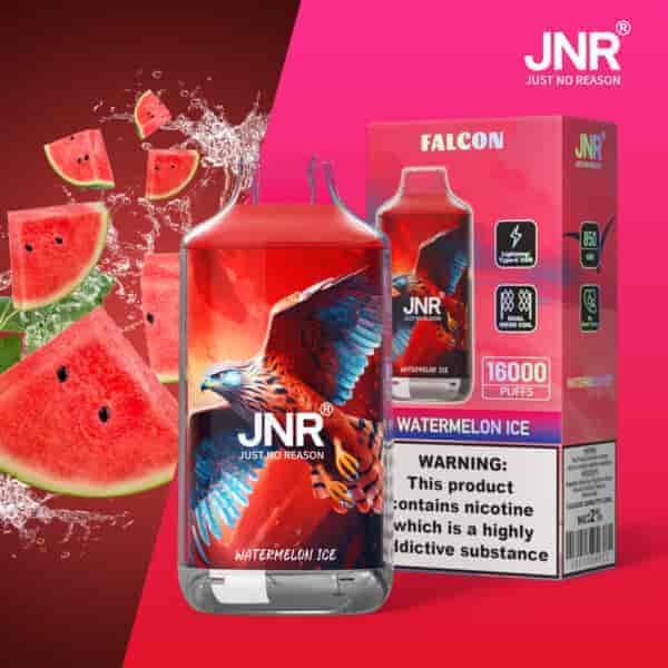 Un vaporizzatore JNR Falcon Watermelon Ice con un design di falco rosso e blu, circondato da fette di anguria e spruzzi d'acqua, con 16.000 boccate ed etichetta di avvertenza sulla nicotina.