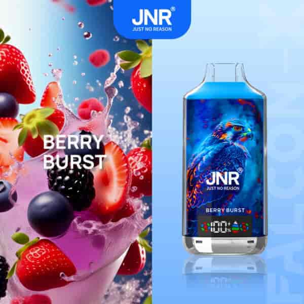 Appareil de vape JNR étiqueté " Berry Burst " avec un motif d'oiseau bleu vif et des baies mélangées sur fond rose.