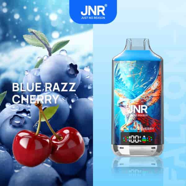 Produit de vape aromatisé Blue Razz Cherry au design élégant, avec une illustration d'aigle et des myrtilles et des cerises en arrière-plan.