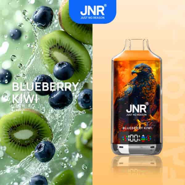 Produit de vape étiqueté " JNR Just No Reason " avec un motif de faucon, saveur " Blueberry Kiwi ", à côté d'éclaboussures de myrtilles et de tranches de kiwi.