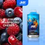 Bouteille de vape JNR Blueberry Raspberry Cherry avec une image d'un faucon coloré, à côté de myrtilles fraîches, de framboises et de cerises.