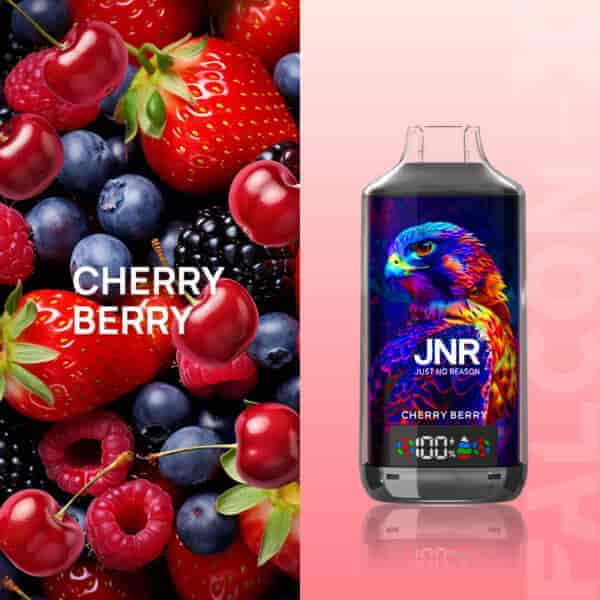 Un assortiment de cerises, fraises, framboises et myrtilles avec une bouteille étiquetée " JNR Cherry Berry " comportant une illustration colorée de faucon.