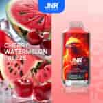 Gros plan de tranches de pastèque, de cerises et de glaçons à gauche, avec une bouteille d'e-liquide rouge présentant un motif d'aigle enflammé et le texte " JNR Cherry Watermelon Freeze " à droite.