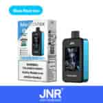 A packaging box for a vaping device labeled "MediaMax" with product name "Blue Razz Ice," featuring an oversized HD display and various features. The box includes a warning about nicotine and details on nicotine content, battery, and capacity, with a blue accent and logo for JNR.