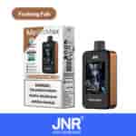 JNR MediaMax vaping device and product box with detailed features, including a 2.4" HD display, "FcuKing Fab" flavor, 40,000 puffs, nicotine warning, and the slogan "JUST NO REASON" at the bottom.