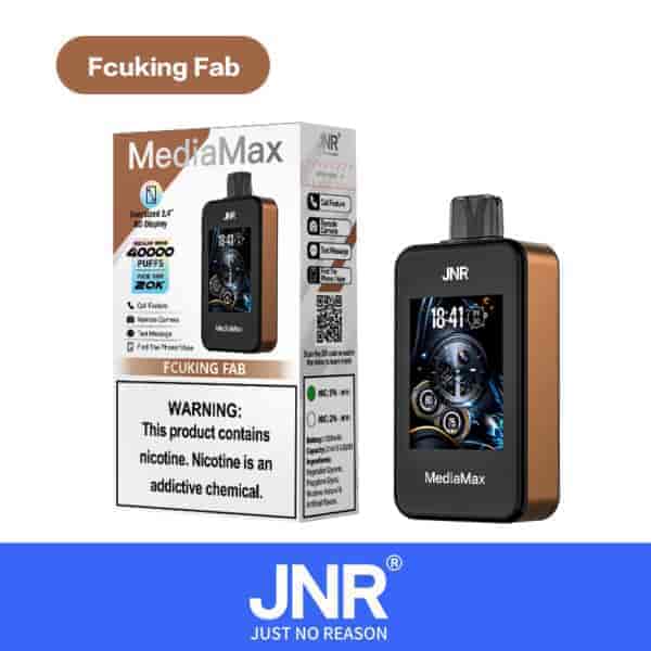 JNR MediaMax vaping device and product box with detailed features, including a 2.4" HD display, "FcuKing Fab" flavor, 40,000 puffs, nicotine warning, and the slogan "JUST NO REASON" at the bottom.