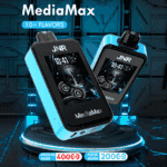 MediaMax vape devices with digital displays, blue and black design, showing "400 Puffs" for regular mode and "200 Puffs" for pulse mode, labeled "10+ Flavors" and "JNR" branding.