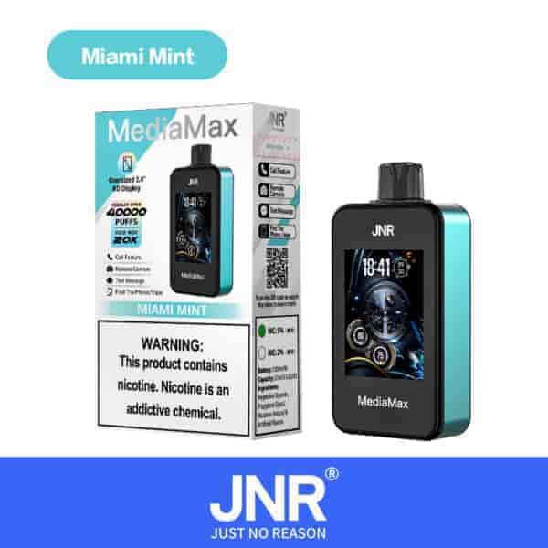 JNR MediaMax Miami Mint vape device packaging featuring a large display, 40000 puffs label, and nicotine warning.
