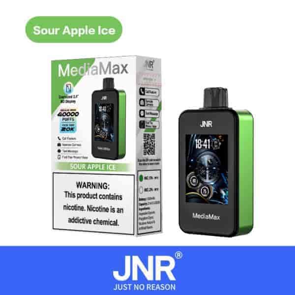 Sour Apple Ice JNR MediaMax vape device with 40000 puffs, HD display, and nicotine warning label.