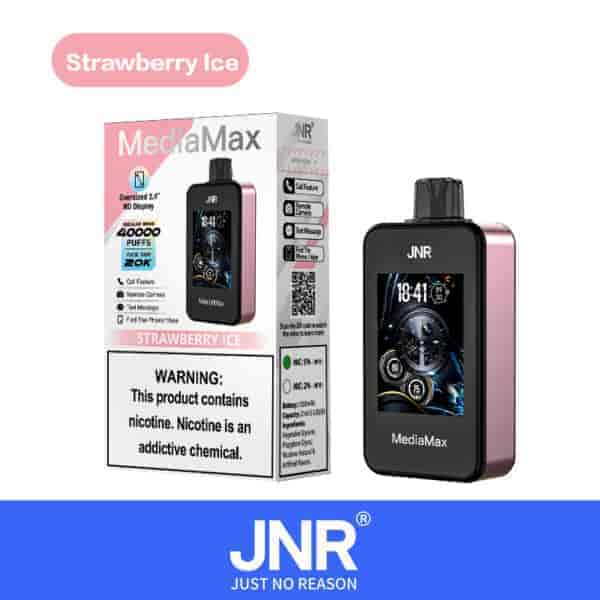 JNR MediaMax vape device in Strawberry Ice flavor, with 40,000 puffs, large HD display, and nicotine warning label.