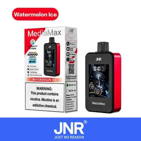 A red and black vape device labeled "MediaMax" with a 2.4-inch HD display, showing a clock-like interface, next to its packaging that highlights 40,000 puffs, "Watermelon Ice" flavor, and a nicotine warning.