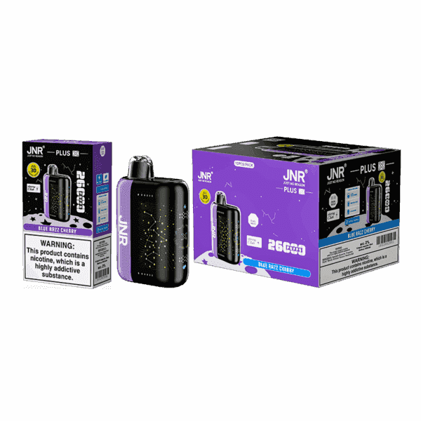 JNR Plus disposable vape device and packaging featuring "Blue Razz Cherry" flavor with 26000 puffs and a nicotine warning label.