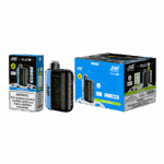 Packaging and product display of JNR Plus Blue Razz Ice disposable vape, showing a compact black and blue device with branding and nicotine warning labels.