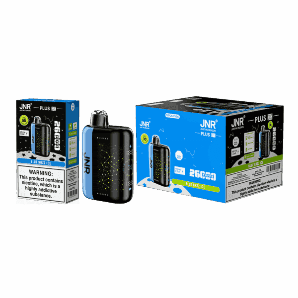 Packaging and product display of JNR Plus Blue Razz Ice disposable vape, showing a compact black and blue device with branding and nicotine warning labels.