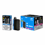 Packaging and product image of JNR Plus Cherry Berry disposable vape, featuring a compact black and blue device with starry design and accompanying boxes with branding and nicotine warning labels.