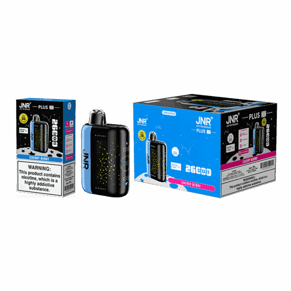 Packaging and product image of JNR Plus Cherry Berry disposable vape, featuring a compact black and blue device with starry design and accompanying boxes with branding and nicotine warning labels.