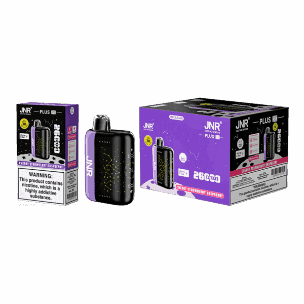 JNR Plus vape device and packaging featuring the flavor "Cherry Strawberry Raspberry" with a warning label indicating nicotine content.
