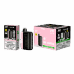 Cherry Watermelon Freeze JNR Plus vape device and packaging, showcasing a black and pink design with product details and nicotine warning labels.