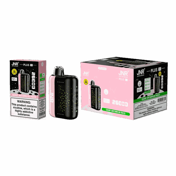 Cherry Watermelon Freeze JNR Plus vape device and packaging, showcasing a black and pink design with product details and nicotine warning labels.