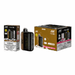 JNR Plus Fizzy Cherry Cola vaping device and packaging with a black and gold design, featuring product branding and nicotine warning labels.