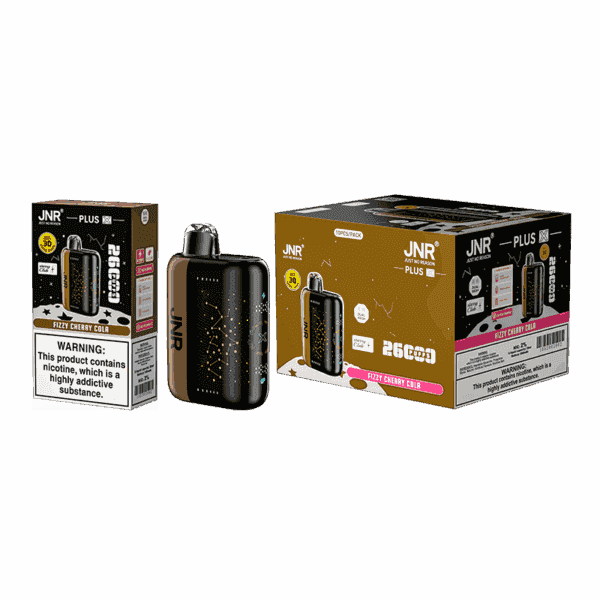 JNR Plus Fizzy Cherry Cola vaping device and packaging with a black and gold design, featuring product branding and nicotine warning labels.