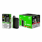 JNR Plus vaping device in black and green, featuring "Frozen Apple" flavor branding, with packaging displaying 26000 puffs and nicotine warning labels.