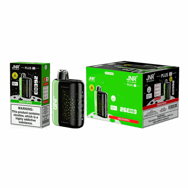 JNR Plus vaping device in black and green, featuring "Frozen Apple" flavor branding, with packaging displaying 26000 puffs and nicotine warning labels.