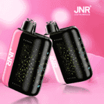 Two black and pink bottles with "JNR" branding and a futuristic yellow design, displayed against a pink background.