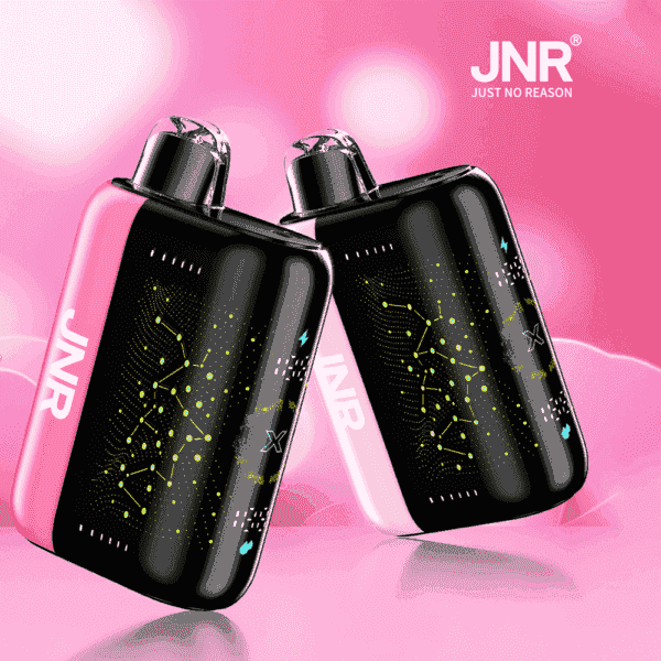 Two black and pink bottles with "JNR" branding and a futuristic yellow design, displayed against a pink background.