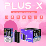 Promotional image of the JNR Plus-X vaping device featuring a 3D curved screen, 26,000 puffs capacity, AI smart adjustable mode, 28ml e-liquid, 850mAh battery, and Type-C quick charge, displayed alongside product packaging with a pink sci-fi themed background.