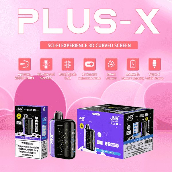 Promotional image of the JNR Plus-X vaping device featuring a 3D curved screen, 26,000 puffs capacity, AI smart adjustable mode, 28ml e-liquid, 850mAh battery, and Type-C quick charge, displayed alongside product packaging with a pink sci-fi themed background.