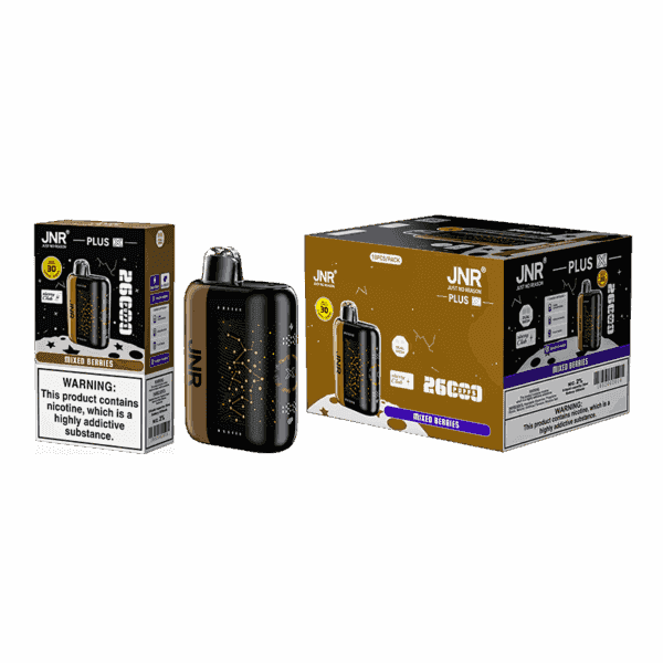 JNR Plus vape device and packaging featuring "Mixed Berries" flavor with warnings about nicotine addiction.