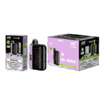 A JNR Plus vape device with "Peach Blueberry Candy" flavor, shown alongside its packaging and a 10-pack box, featuring a sleek black and purple design with yellow dotted patterns.