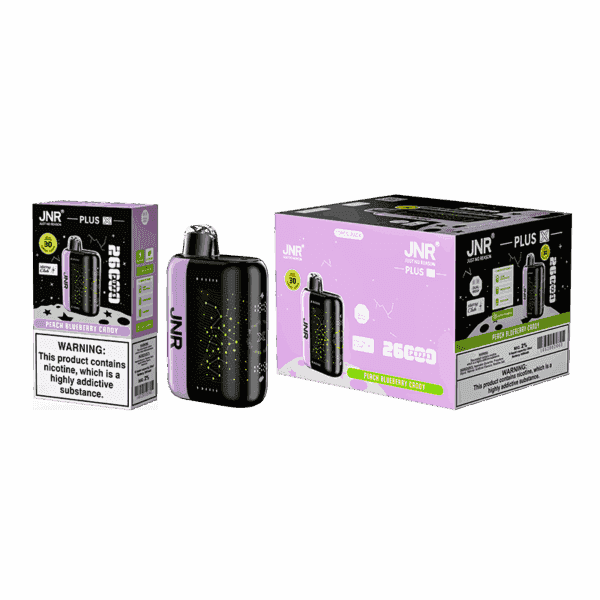 A JNR Plus vape device with "Peach Blueberry Candy" flavor, shown alongside its packaging and a 10-pack box, featuring a sleek black and purple design with yellow dotted patterns.