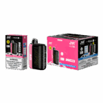 JNR Plus vape device and packaging featuring the flavor "Raspberry Watermelon Ice" with a warning label indicating nicotine content.