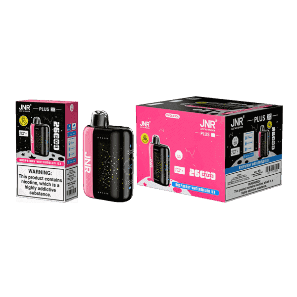 JNR Plus vape device and packaging featuring the flavor "Raspberry Watermelon Ice" with a warning label indicating nicotine content.