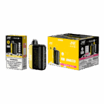 An electronic vape device styled in black and yellow, labeled "JNR" with a box packaging beside it. The packaging includes warnings about nicotine and highlights the flavor "Strawberry Banana." The device has a compact design and is advertised to contain 2600 puffs.