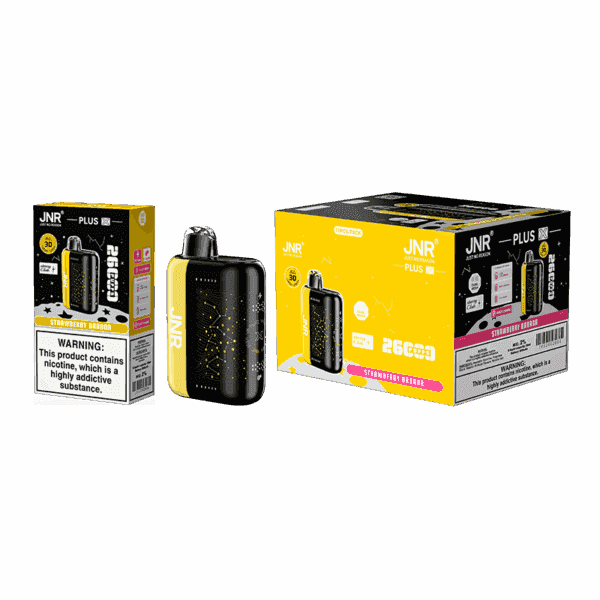 An electronic vape device styled in black and yellow, labeled "JNR" with a box packaging beside it. The packaging includes warnings about nicotine and highlights the flavor "Strawberry Banana." The device has a compact design and is advertised to contain 2600 puffs.