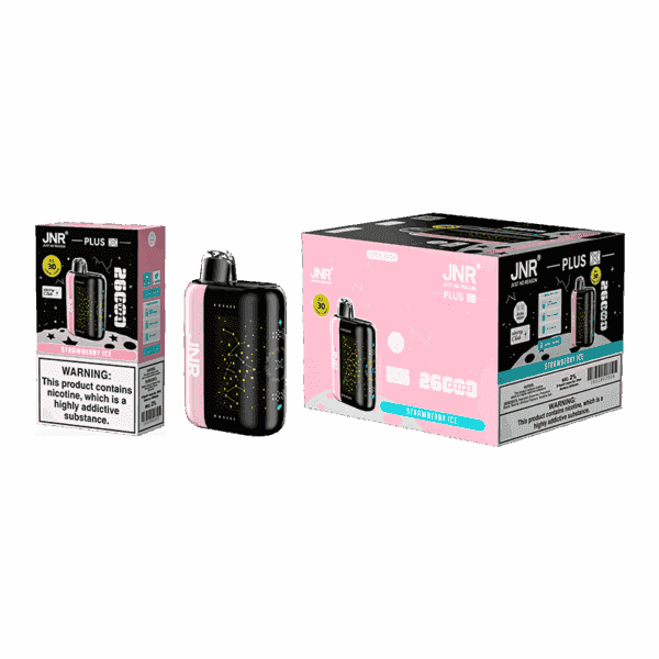 JNR Plus Strawberry Ice vaping device and packaging, featuring a compact black and pink design with a starry pattern and nicotine warning label.