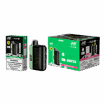 A vape device in a black and green design with a "JNR" logo is displayed alongside its packaging. The box features colorful graphics and a label indicating the flavor "Strawberry Kiwi" and the warning about nicotine.