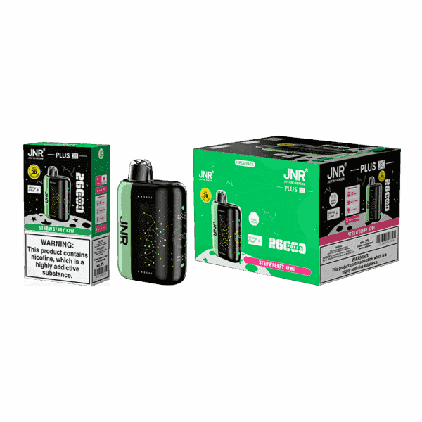 A vape device in a black and green design with a "JNR" logo is displayed alongside its packaging. The box features colorful graphics and a label indicating the flavor "Strawberry Kiwi" and the warning about nicotine.