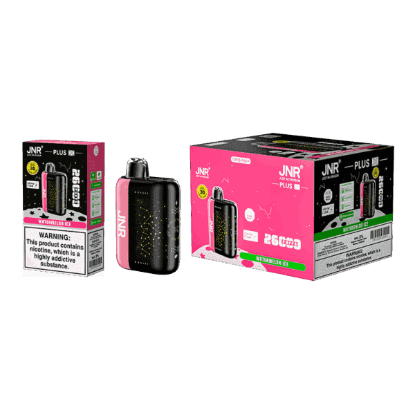 JNR Plus Watermelon Ice disposable vape device and packaging, featuring a black and pink design with a 2600 puff capacity and nicotine warning labels.