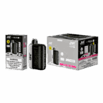 JNR Plus disposable vape device and packaging featuring "White Peach Razz" flavor with 26000 puffs and a nicotine warning label.