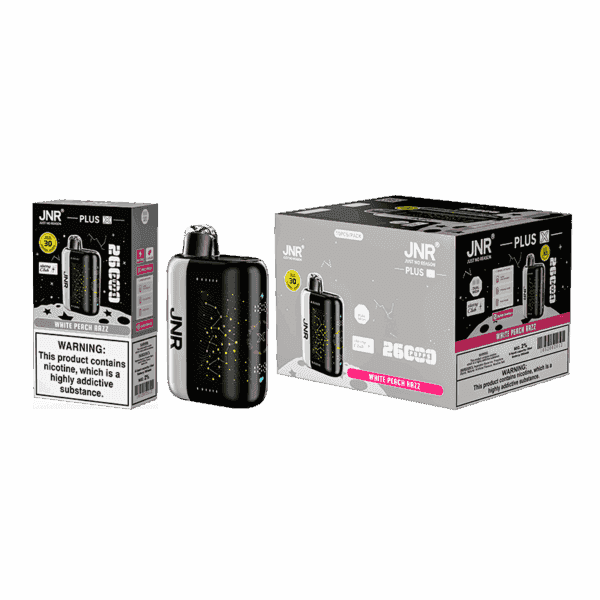JNR Plus disposable vape device and packaging featuring "White Peach Razz" flavor with 26000 puffs and a nicotine warning label.