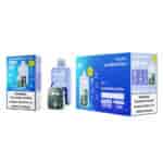 VAPEWATCH Blue Razz Ice product packaging and device, showing nicotine warning labels, 18K puff capacity, and digital display features.