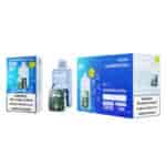 Image of two product boxes and a vape device for Vapewatch, featuring a blue and green design with the label "Blueberry Watermelon" and a nicotine warning statement.