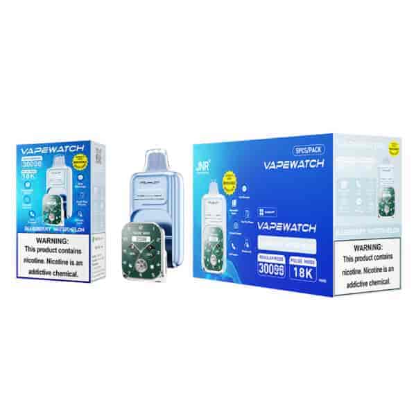 Image of two product boxes and a vape device for Vapewatch, featuring a blue and green design with the label "Blueberry Watermelon" and a nicotine warning statement.
